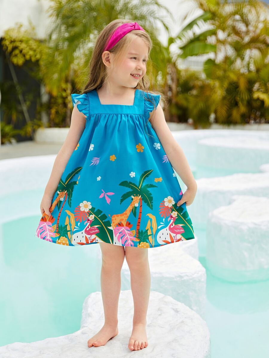 SHEIN Toddler Girls Tropical Print Ruffle Trim Dress