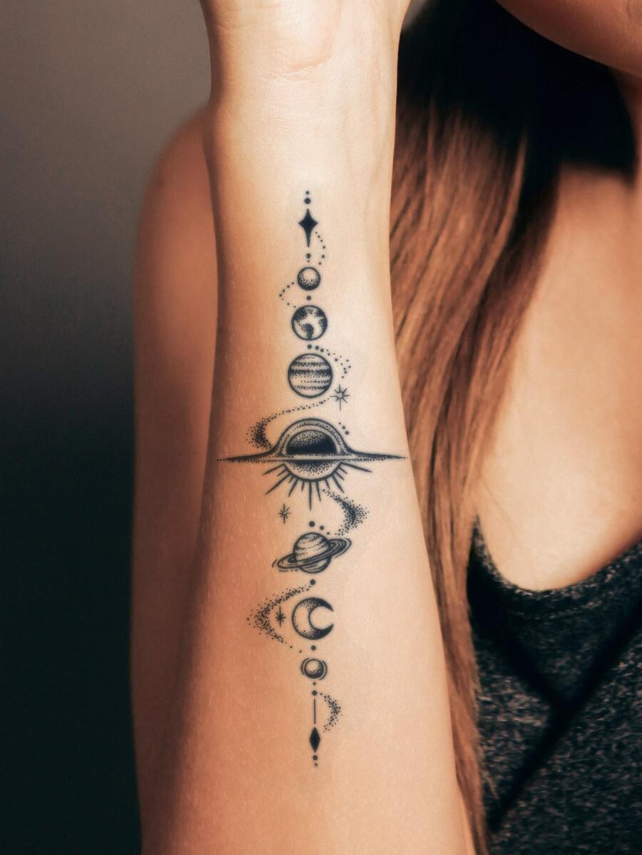 Pegatinas de tatuaje, 1 hoja de tatuajes temporales con patrón de planeta para mujeres, pegatinas de tatuaje para adultos, tatuaje realista de planeta, para mujeres y niñas