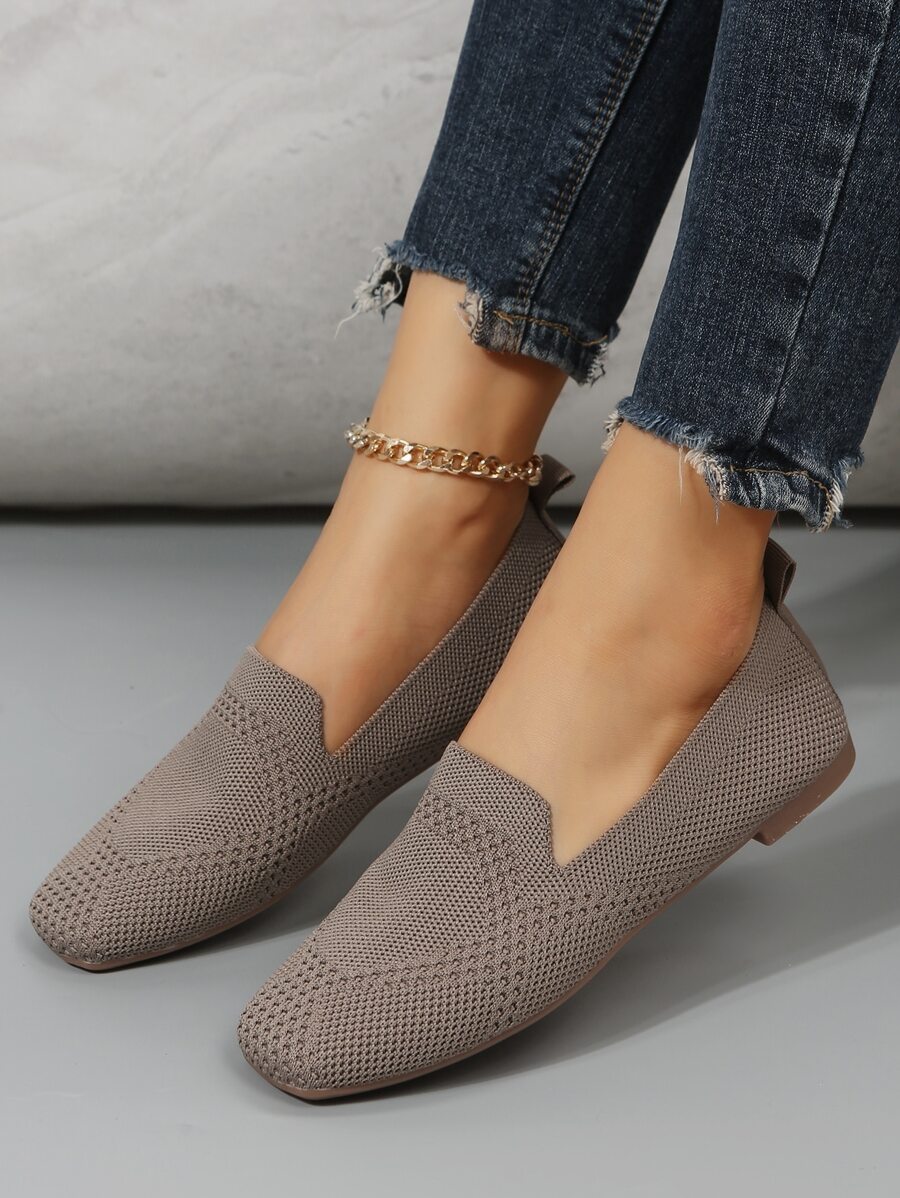 Women Slip On Loafers Knit Square Toe Flats Mocha Brown, Mocha Brown Elegant And Plain Loafers