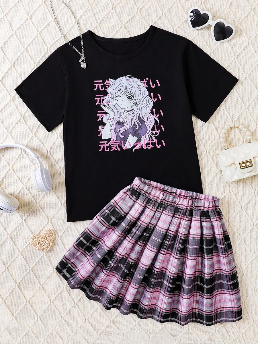 SHEIN Tween Girl Japanese Letter & Figure Graphic Tee & Plaid Skirt
