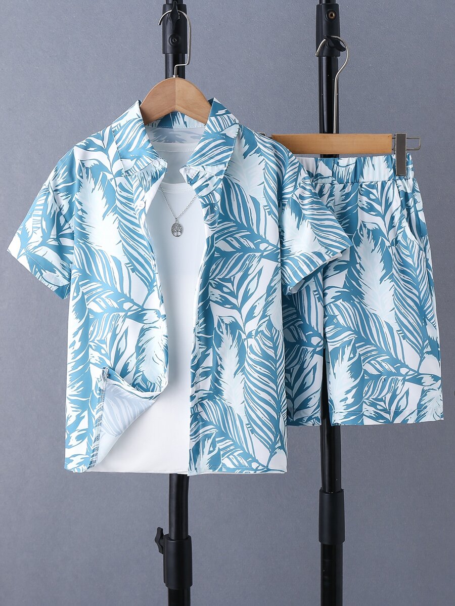 SHEIN Tween Boy Tropical Print Shirt & Shorts Without Tee, School, Campus, College