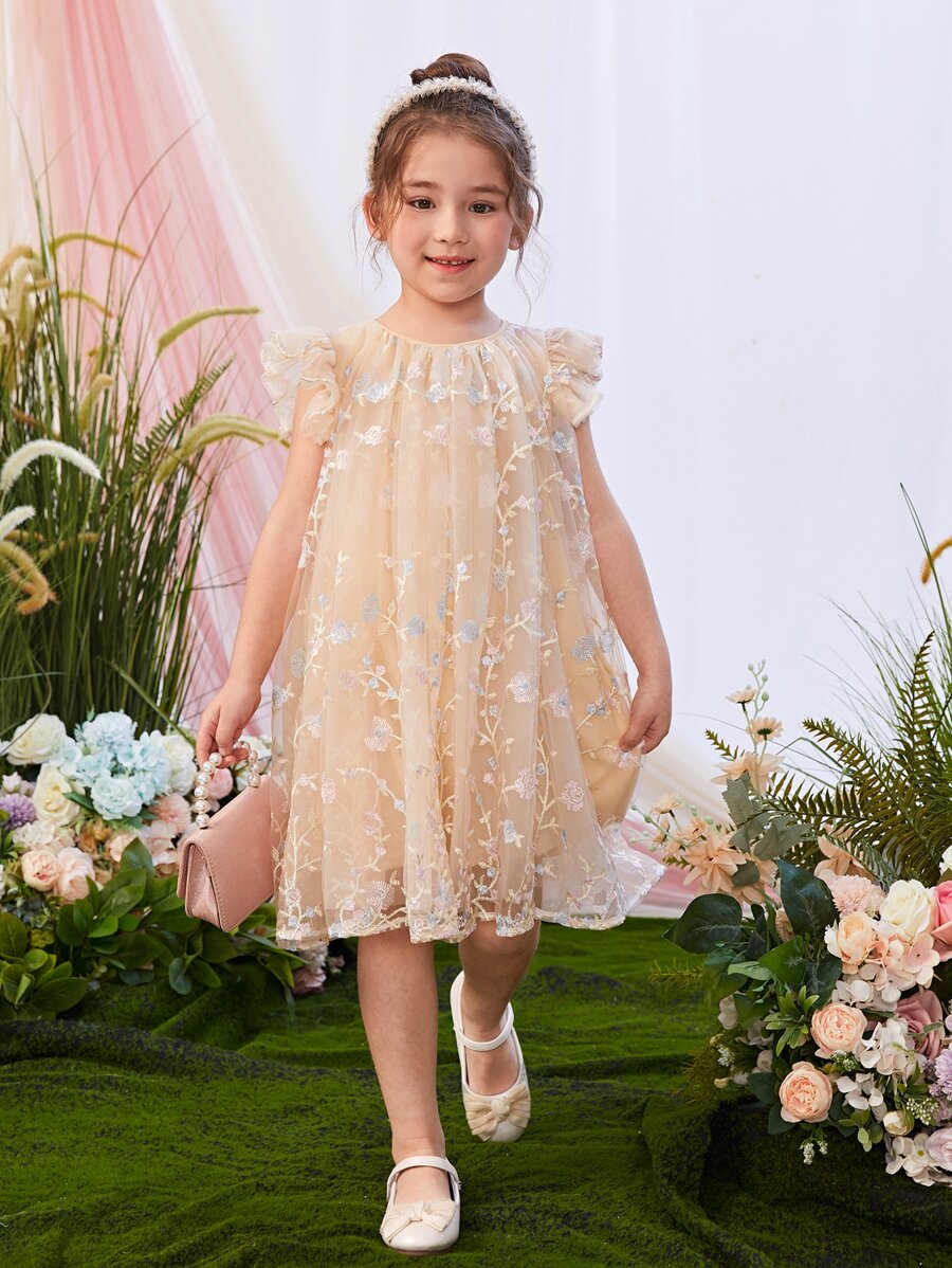 SHEIN Toddler Girls Floral Embroidery Ruffle Trim Mesh Dress