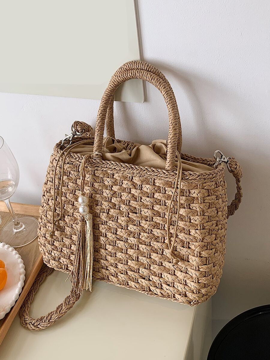 Portable, Lightweight Tassel Decor Drawstring Design Straw Bag, Teacher, For Teen Girls Women College Students Perfect For School, College, Teachers' Day, Outdoors, Travel, Outings, Back To School, Classic Casual, Suitable For Teen Girls Women College Students Holiday, Beach, Vacation, Eye-Catching Beach Bag Summer, Summer Straw Beach Bag For Women, Hottest Beach Bags For Women, Fashion Summer Vacation Bag, Beach Essentials Women Bags For Vacation & Holiday, Newest Holiday Bag