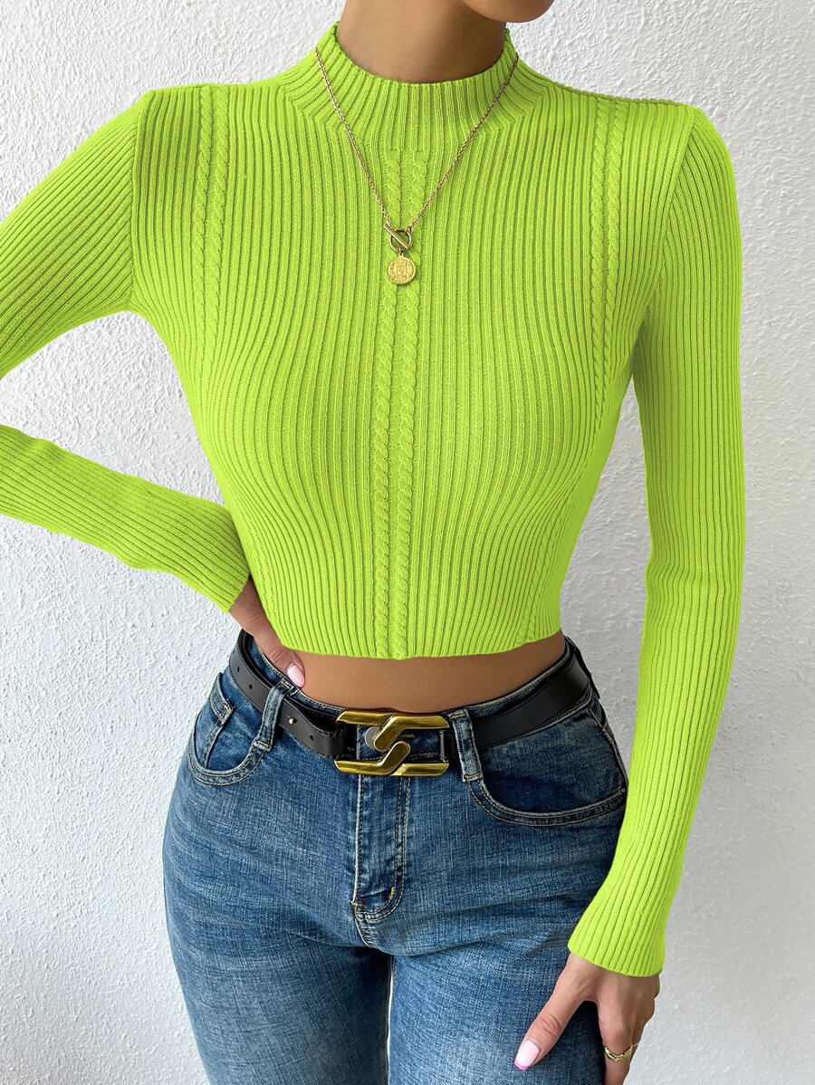 Calvaya Mock Neck Cable Knit Crop Sweater,Long Sleeve Tops