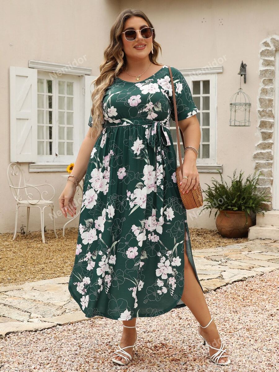 Nemidor Plus Floral Print Split Thigh Belted Dress