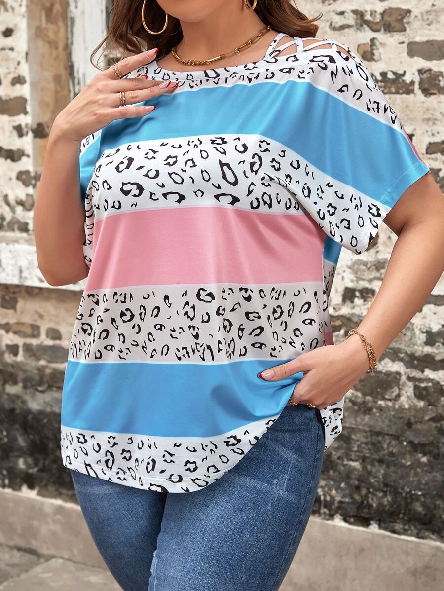 SHEIN LUNE Plus Leopard Print Colorblock Batwing Sleeve Tee