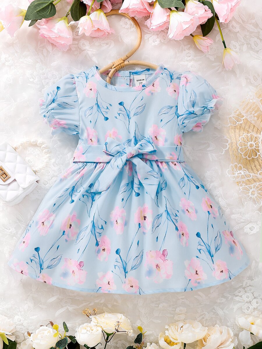Baby Floral Print Puff Sleeve Belted Dress