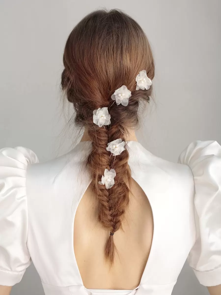 5 piezas de Clips para el cabello con flores de organza y perlas, aptos para bodas, fiestas y uso diario, se pueden combinar libremente