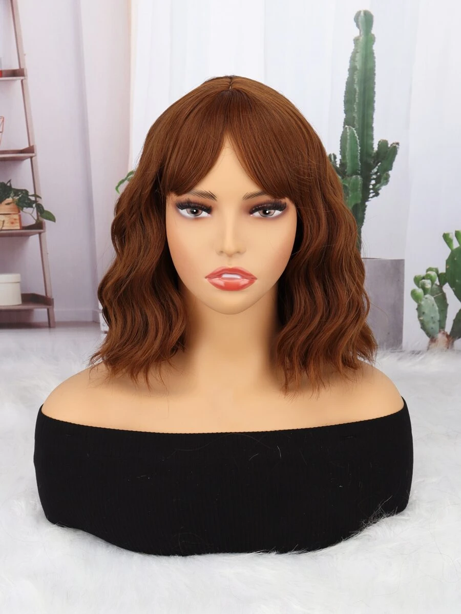 Dark Brown Short Wavy Wig with Bangs,Short Wavy Brown Bob Wigs for Women,Natural Looking Short Bob Wavy Wig with Bangs(Brown).