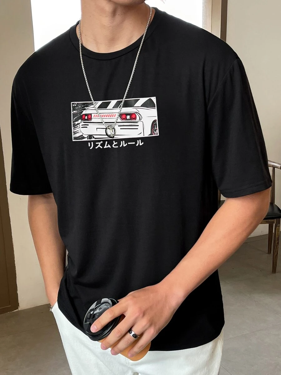 Manfinity RebelGame T-shirt Imprimé Pour Homme À Coupe Ample, Lettres Japonaises Et Voiture Imprimée