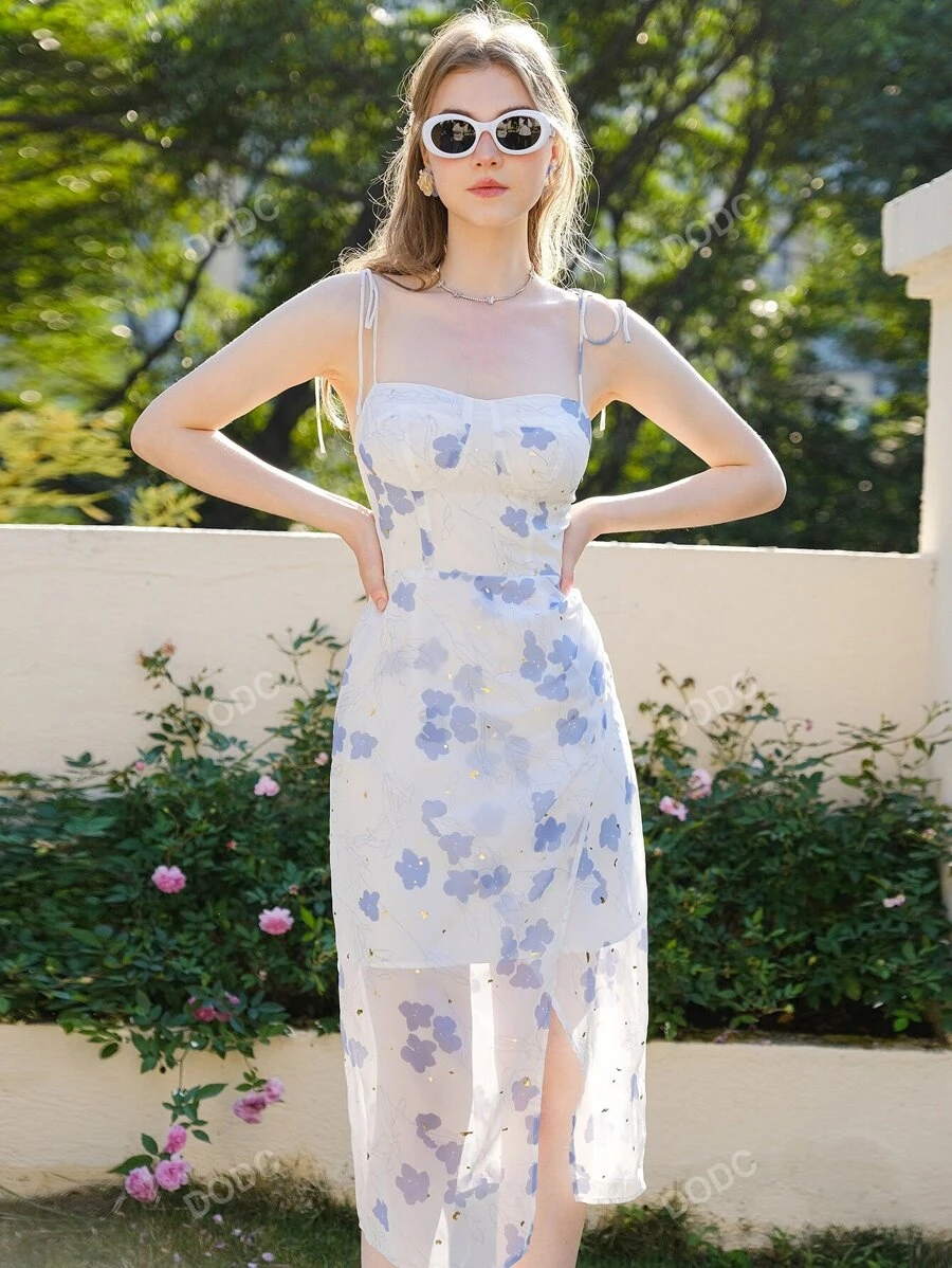 Vestido de tirantes con estampado floral de hombros con cordón