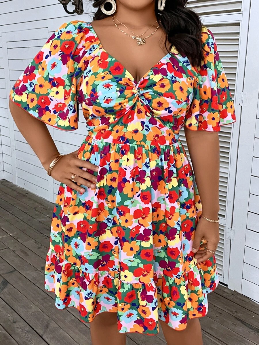 Breezaya Plus Size Boho Floral Print Twist Front Ruffle Hem Dress, For Summer