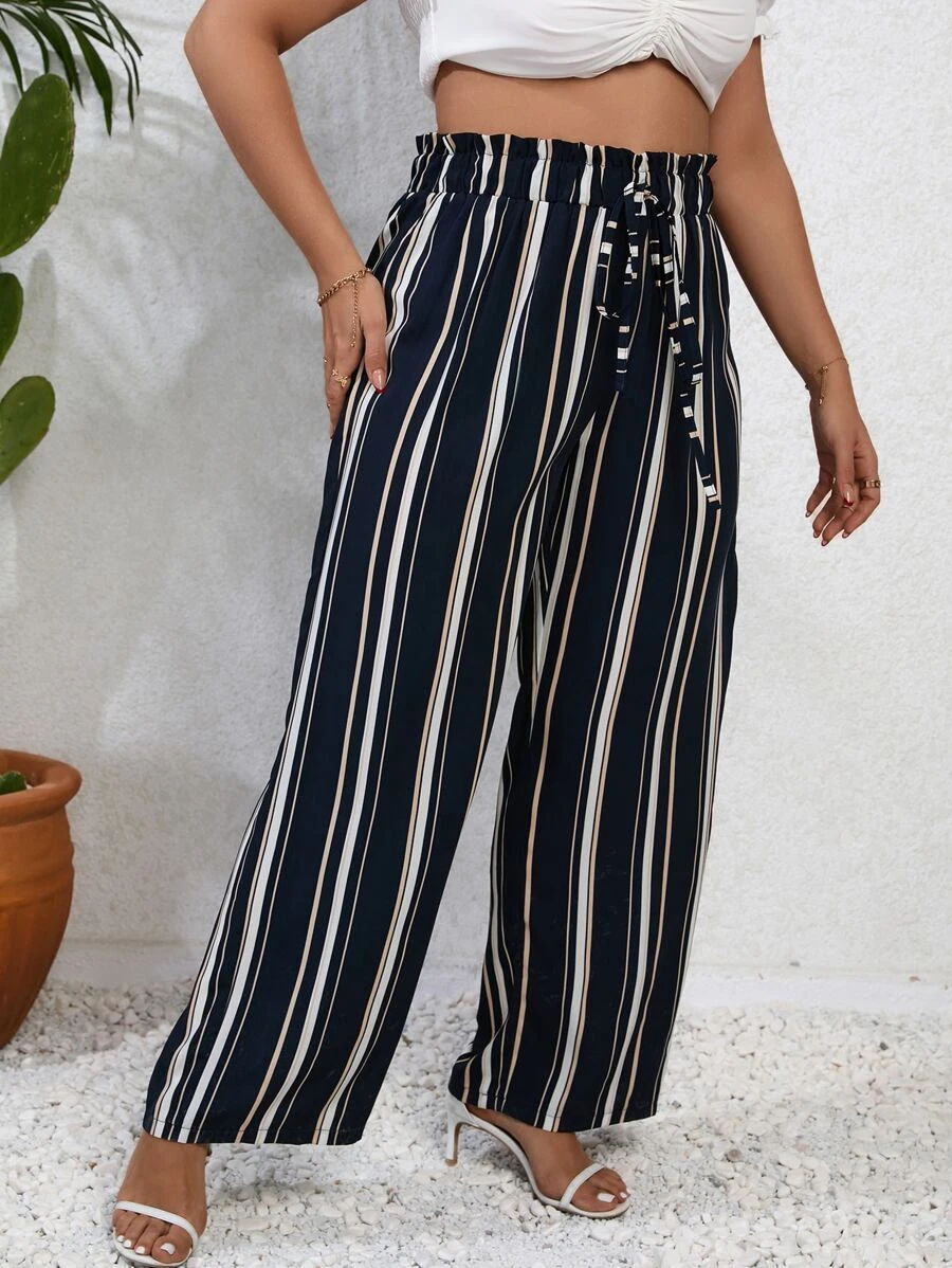 SHEIN VCAY Casual Gestreept Grote maten broeken Geknoopt Broek met