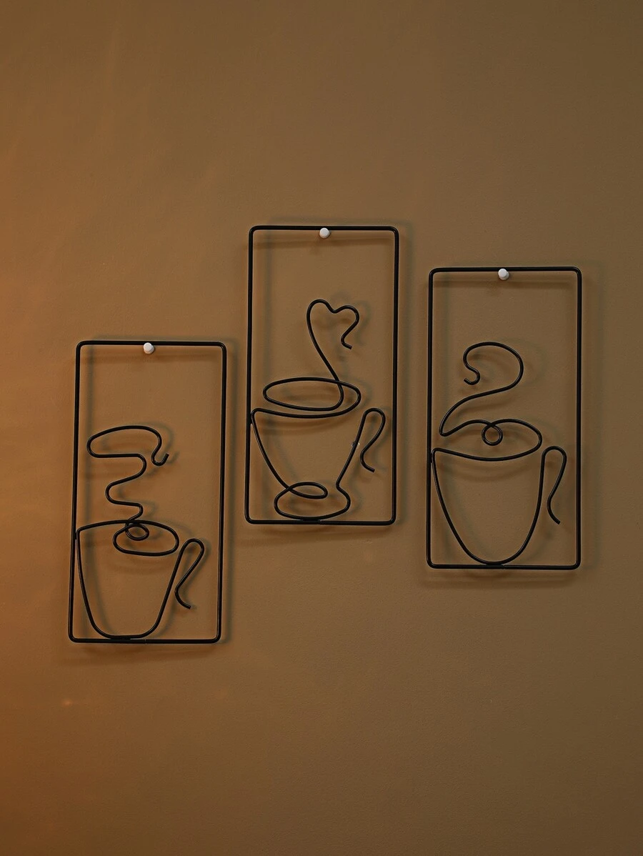 3 pièces Décoration murale en forme de café et rectangle, décoration suspendue minimaliste en fer noir pour l'intérieur et l'extérieur, décoration de maison, de pièce, de mur