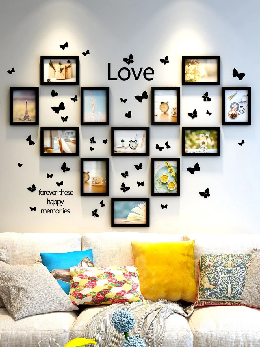 Creative Home Decor Photo Frame Wall Collage Set With 12pcs Picture Frames In 5/6/7/8/10 Inches, Black & White, Suitable For Mother's Day, Bedroom Decoration, Wedding Gift, Includes Random Photo Cards & Butterfly Stickers