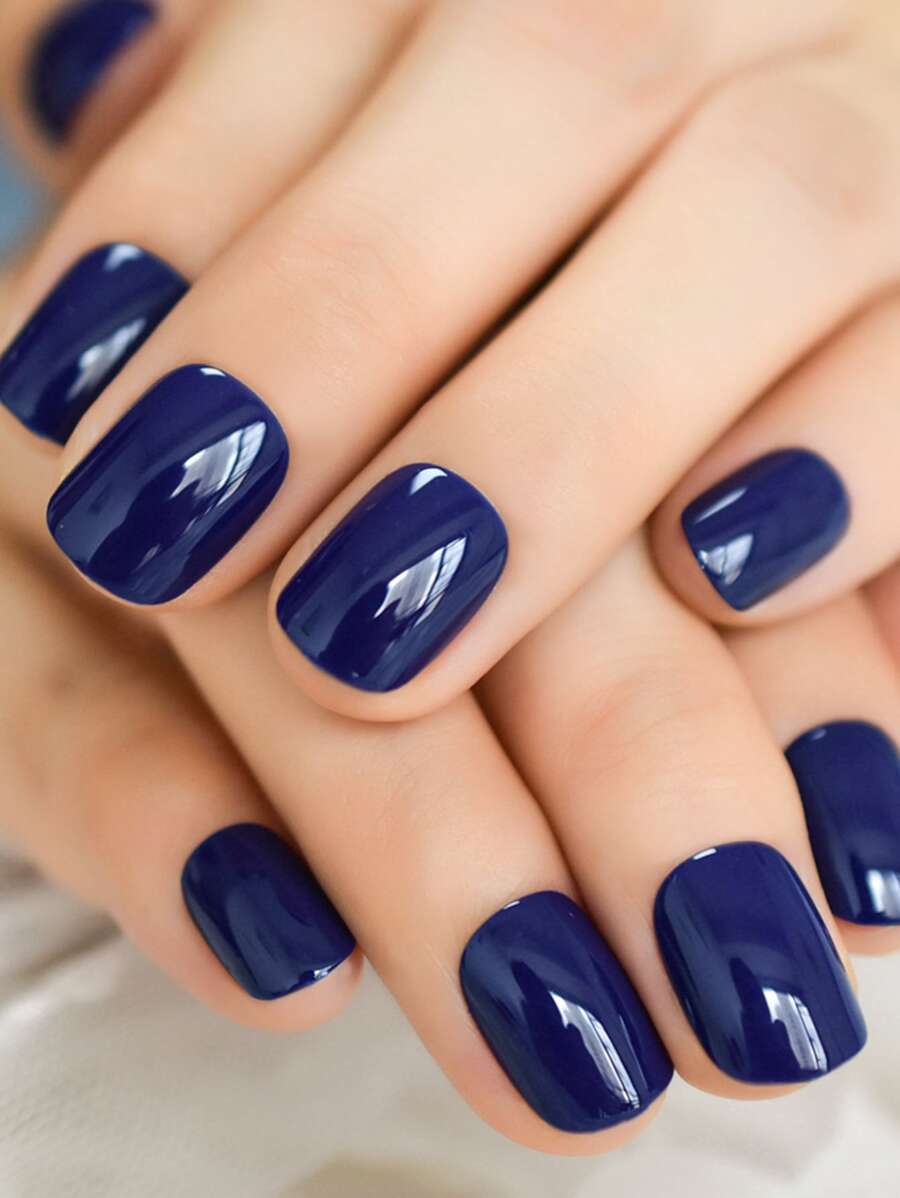 Elevate Your Style With 24pcs Short Square Blue Solid Glossy Plain Fake Nail & 1sheet Tape & 1pc Nail File & 1pc Stick Press On Nails Nail Supplies