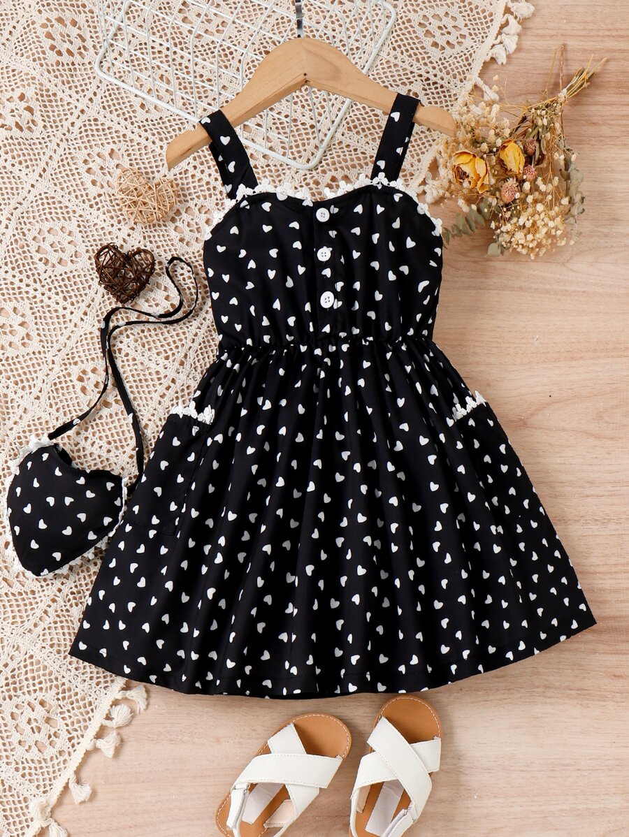 SHEIN Vestido de tirantes con estampado de corazones para niña joven con ribete de encaje de guipur y bolso a juego