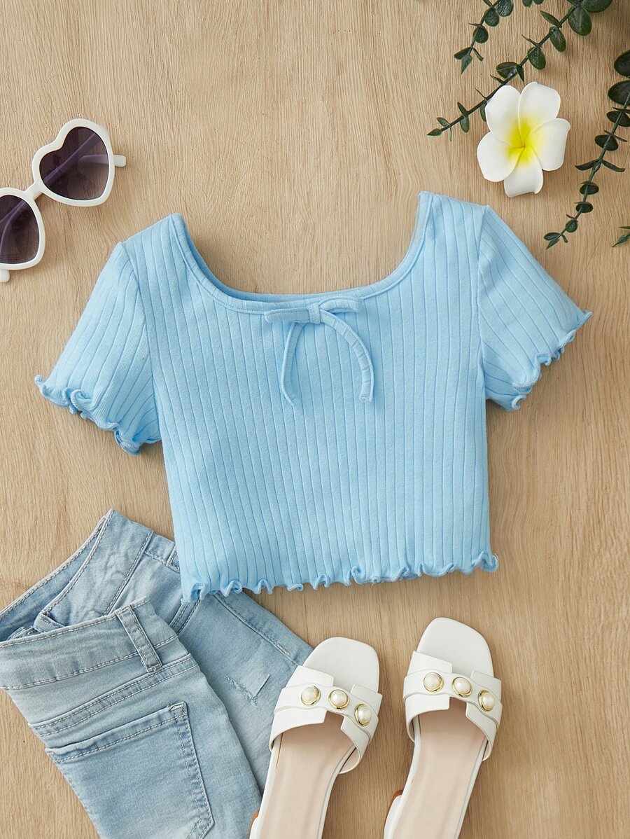 SHEIN Young Girl Lettuce Trim Knot Front Tee