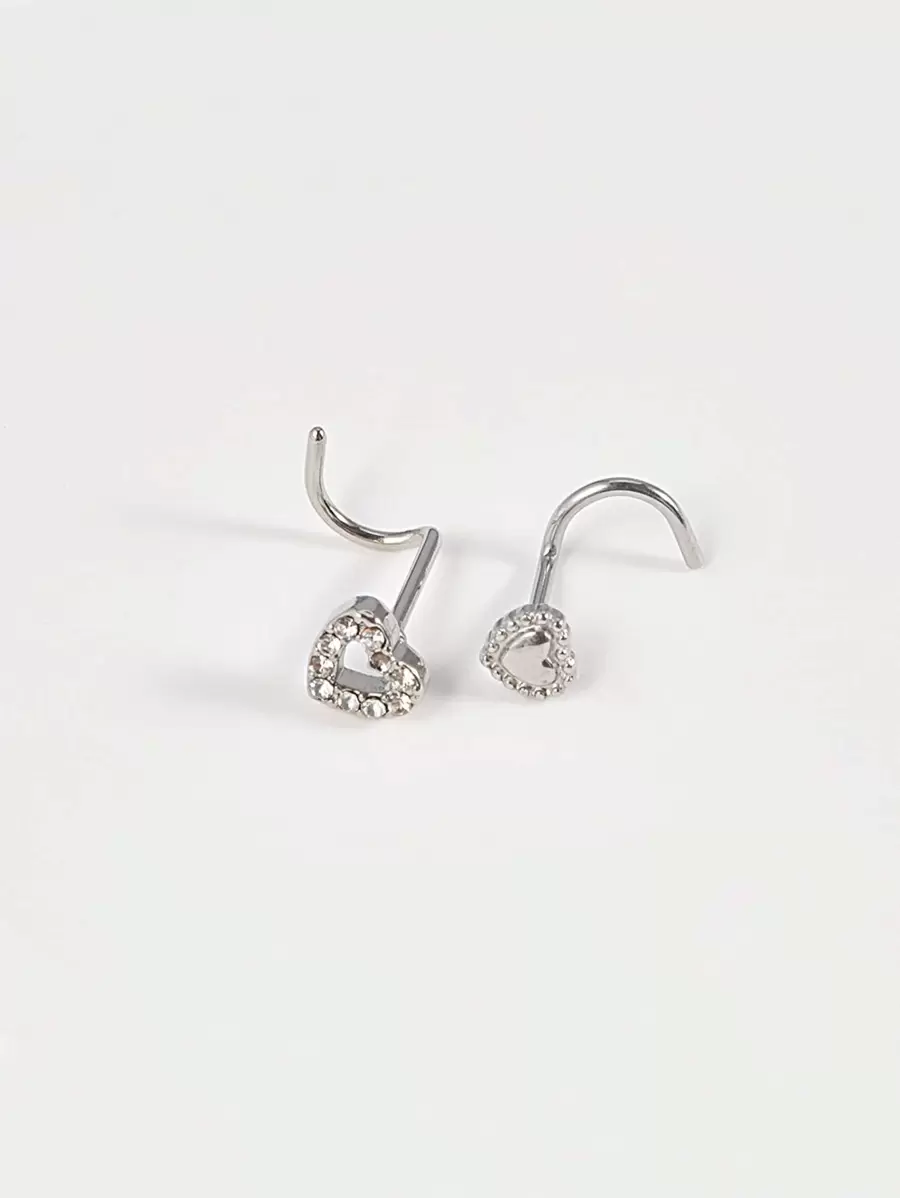 Set de 2 piezas Decoración de corazón con circonita cúbica Pendiente de nariz de acero inoxidable para mujeres sin necesidad de perforación, joyería para septum y Body para San Valentín