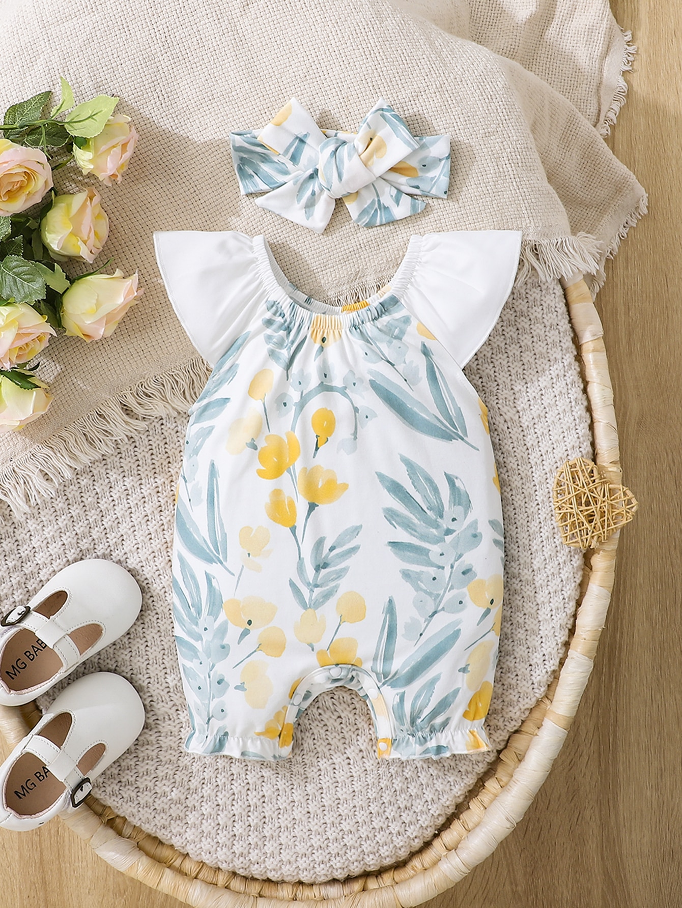 Newborn Baby Floral Print Ruffle Trim Romper & Headband
