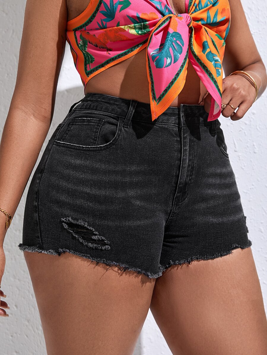 SHEIN SXY Plus Ripped Raw Hem Denim Shorts