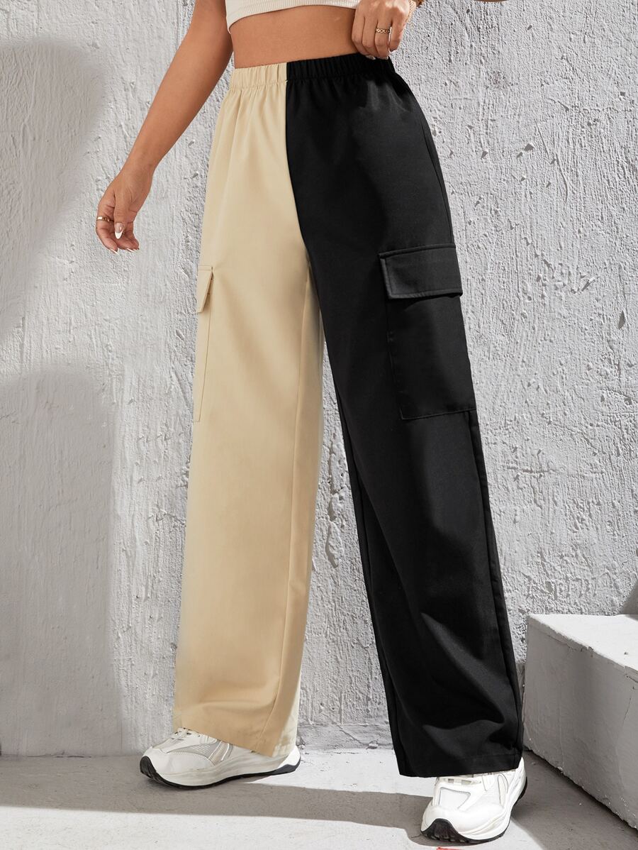 SHEIN PETITE Two Tone Flap Pocket Side Cargo Pants