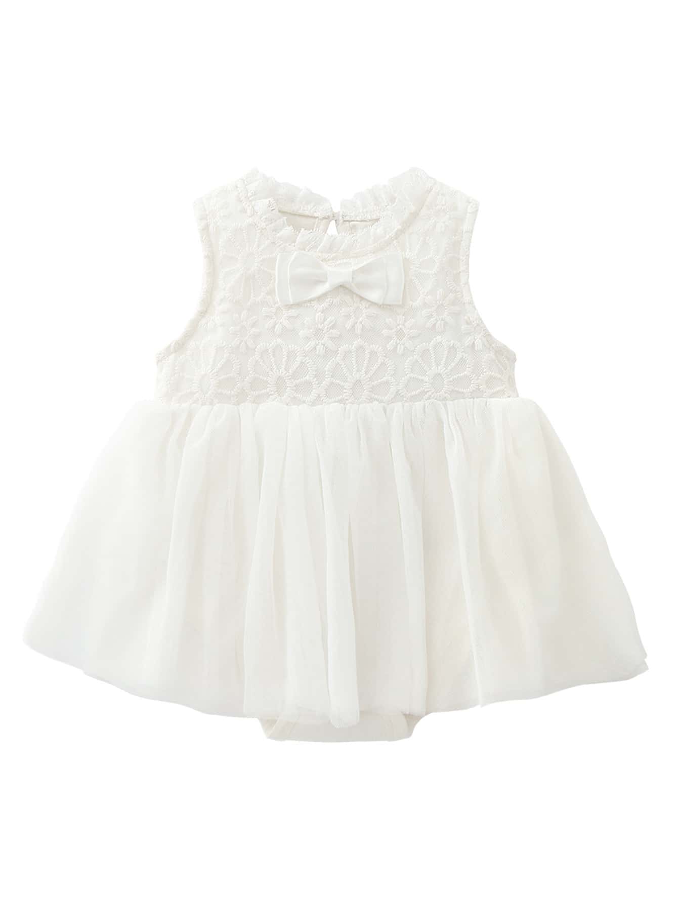 Baby Girls' Cute & Elegant Lace Embroidered Mesh Sleeveless Dress Suitable For Weddings, Holidays In Summer