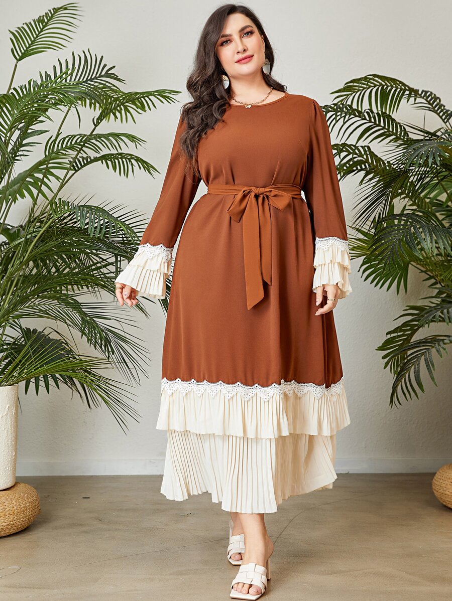 Al Najma Plus Contrast Lace Pleated Hem Belted Dress