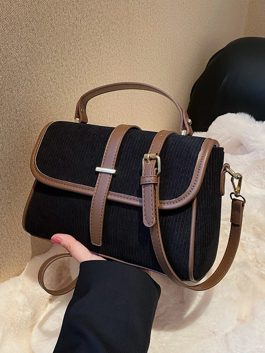 Bolso de mano de mujer de pana con solapa y PU, bolso bandolera ajustable