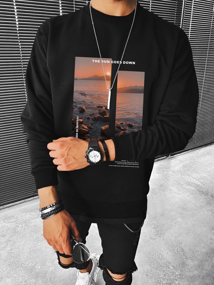 Manfinity Homme Sudadera casual con cuello redondo de manga larga con estampa gráfica de lema y paisaje para hombre, regalo para novio