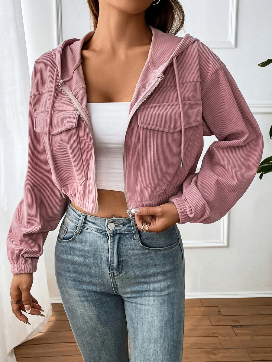 SHEIN EZwear Veste poche à rabat à cordon à capuche court en velours côtelé
