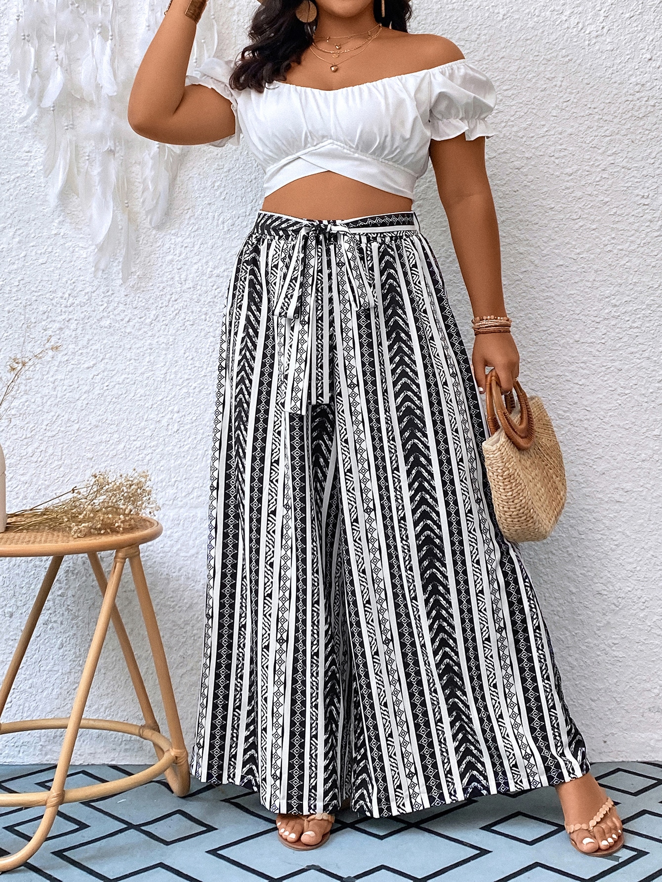 SHEIN VCAY Pantalon ample à imprimé géométrique à nœud