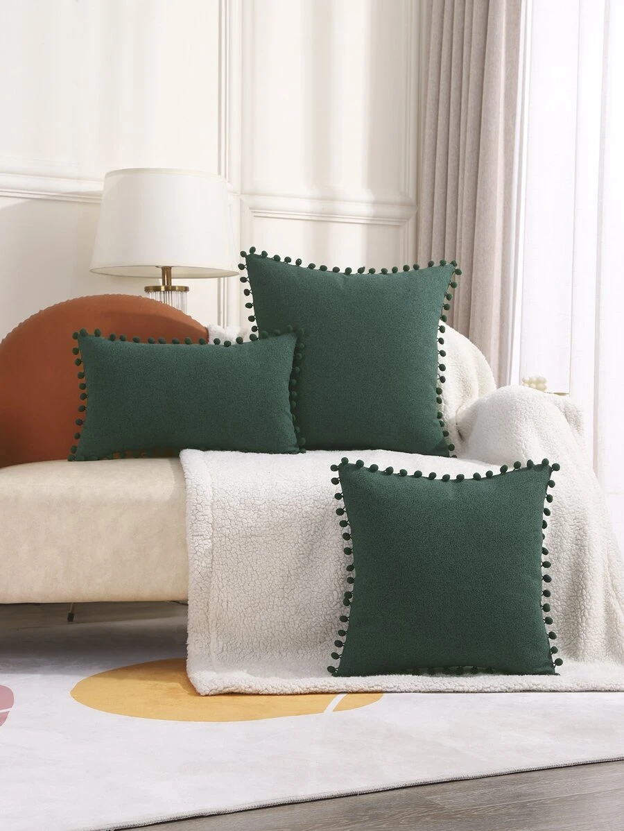 1pc Dark Green Cushion Cover, Fabric Pom Pom Decor Decorative Throw Pillow Case For Home