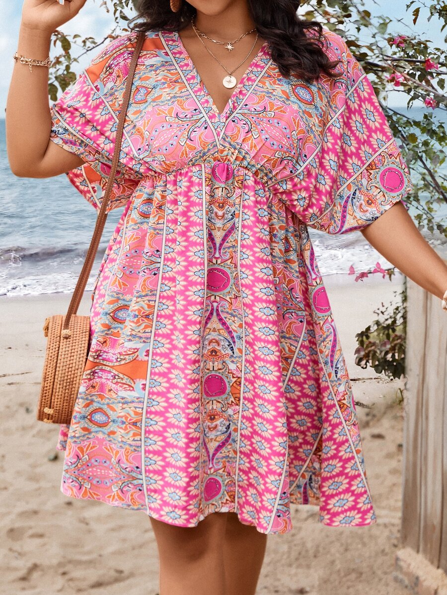 Breezaya Robe grande taille à manches chauve-souris avec imprimé boho tout-sur-tout