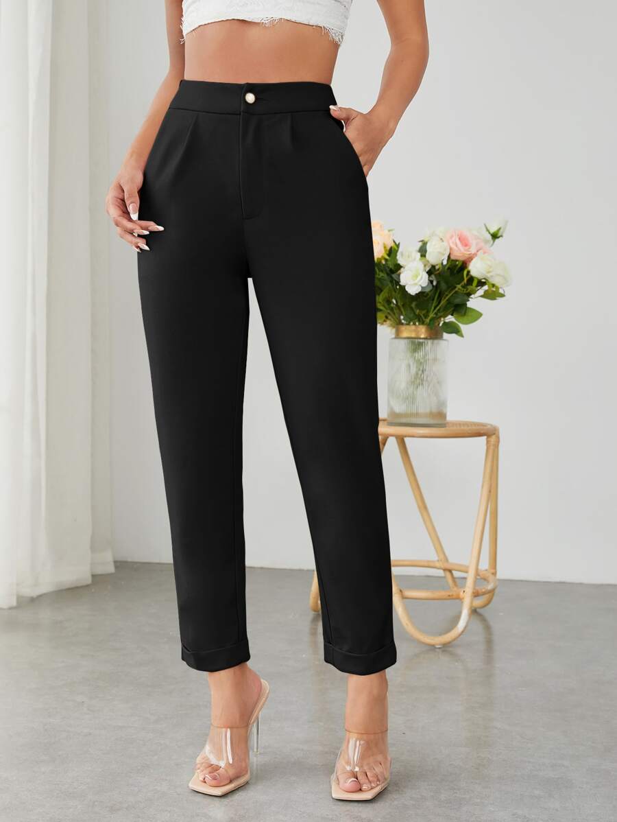 SHEIN PETITE Pantalon Noir Solide Avec Poches En Biais Pour Costume