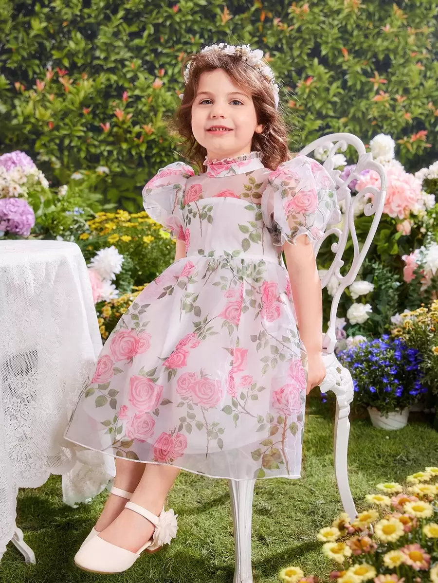SHEIN Vestido De Organza Con Manga Abullonada Y Estampado Floral Para Niña Joven