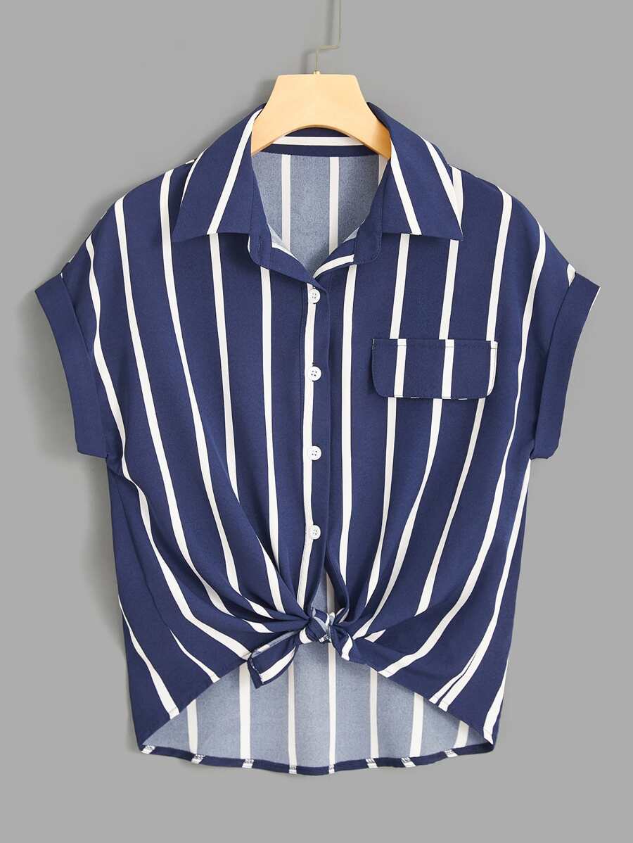INAWLY Camisa de rayas de manga murciélago con diseño de solapa