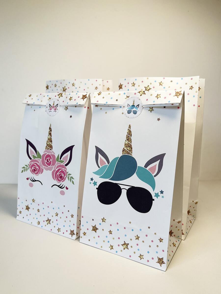 Unicorn Gift Bag, Colorful Printed Packaging Bag, Storage Bag For Party Gifts, 5.1*3.14*9.43in, 6pcs/Pack+6pcs Stickers Back To School Valentine Day
