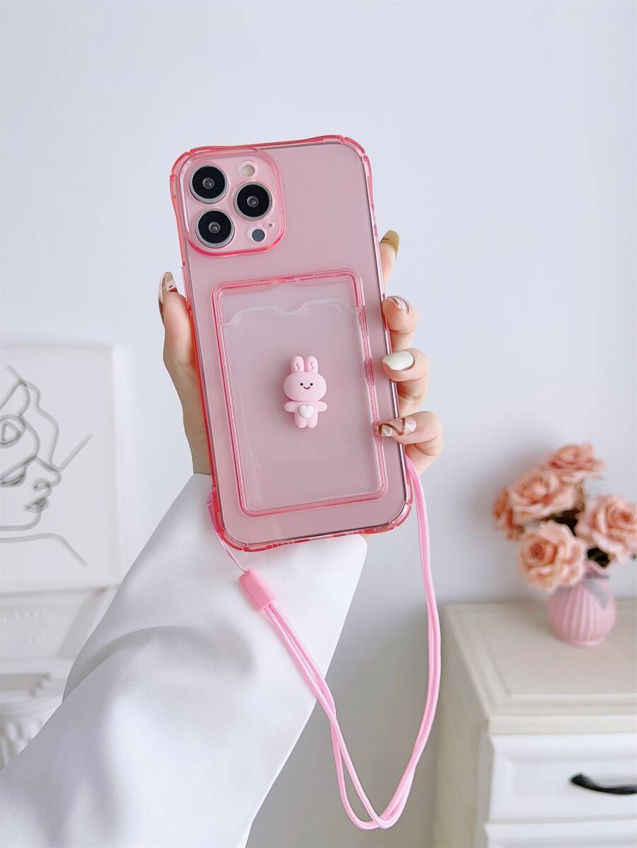 3D Rabbit Decor Card Slot Phone Case With Lanyard
