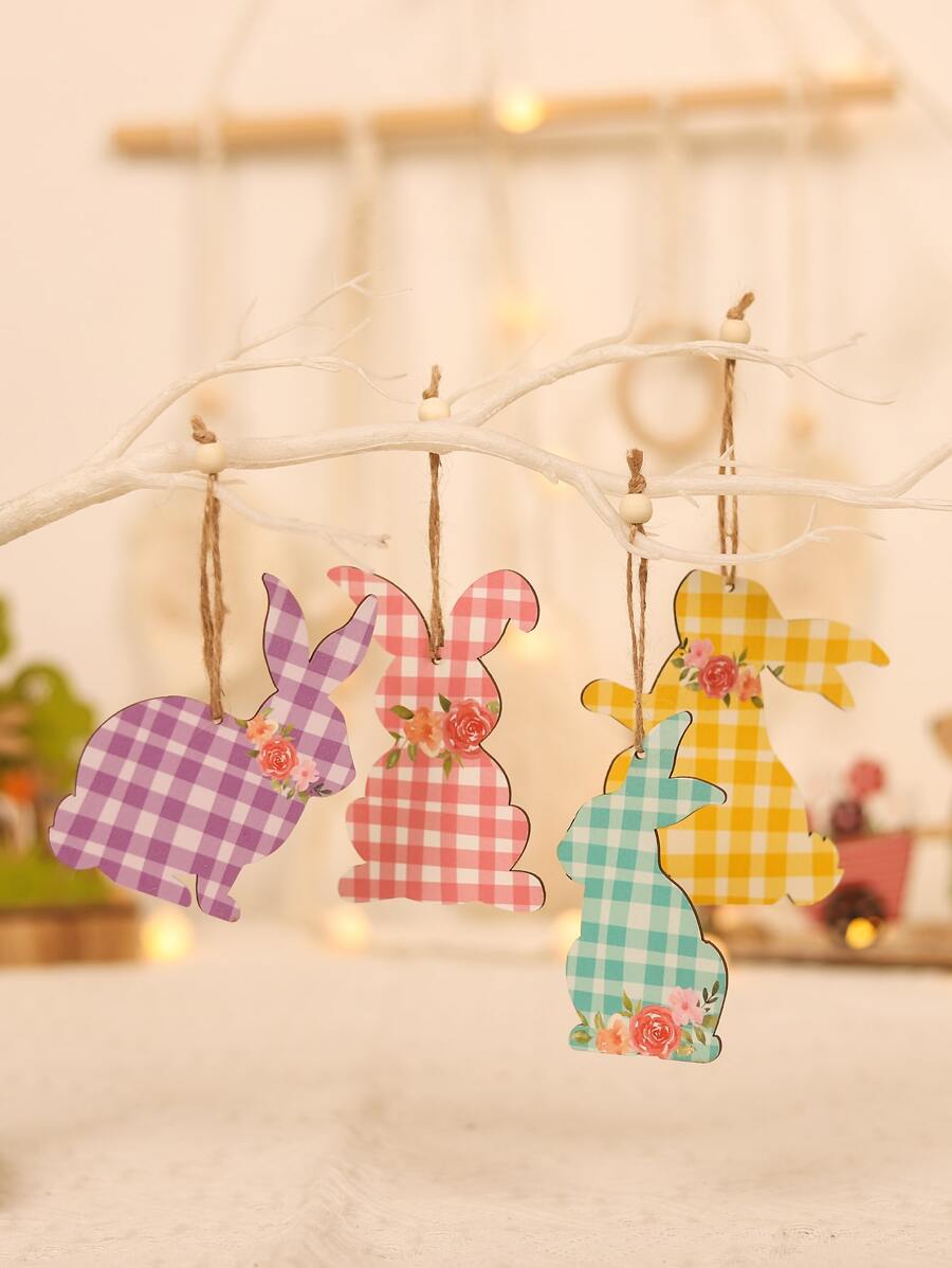 4 piezas de decoración colgante de pared de conejo de dibujos animados de Pascua, patrón de cuadros de madera de dibujos animados decoración colgante en forma de Animal para vacaciones