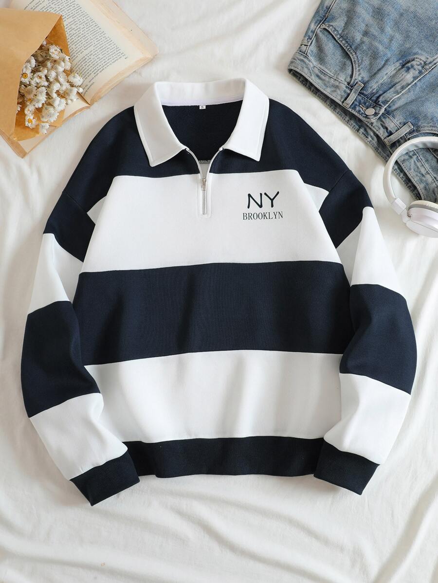 INAWLY Sudadera con cremallera de cuarto, manga larga, con diseño de bloque de color y gráfico de letra, hombros caídos