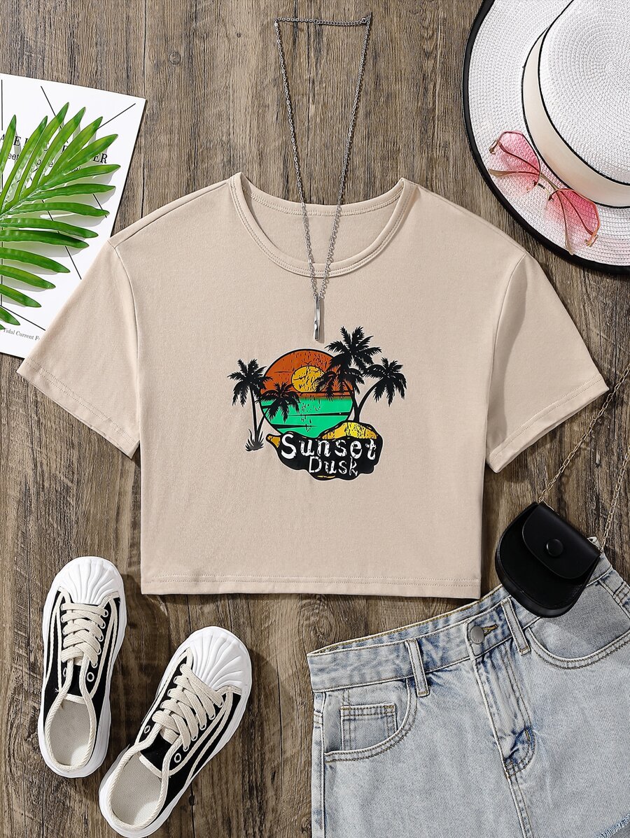 SHEIN Chicas adolescentes Camiseta crop con estampado de árbol de coco y letra
