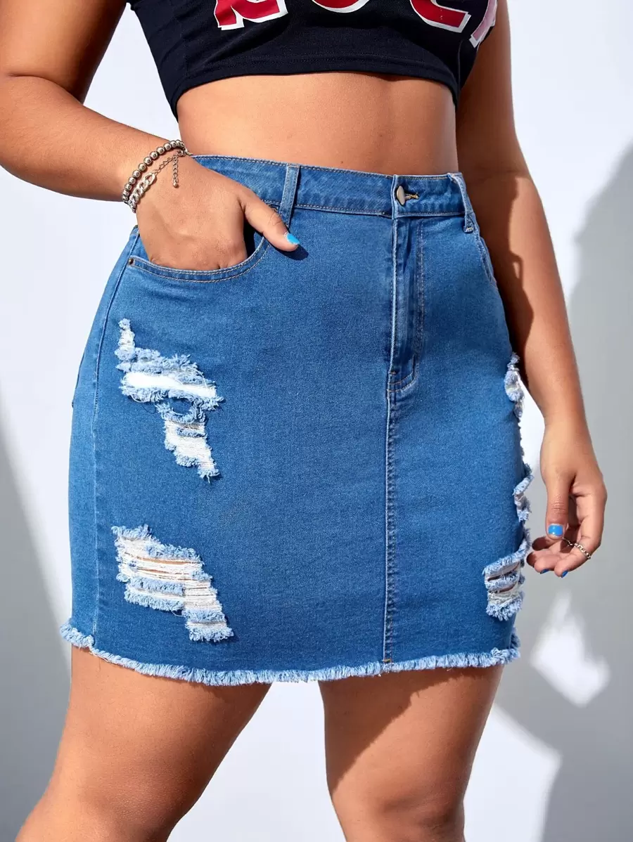 SHEIN EZwear Plus Jupe En Jean Déchiré À Ourlet Effiloché