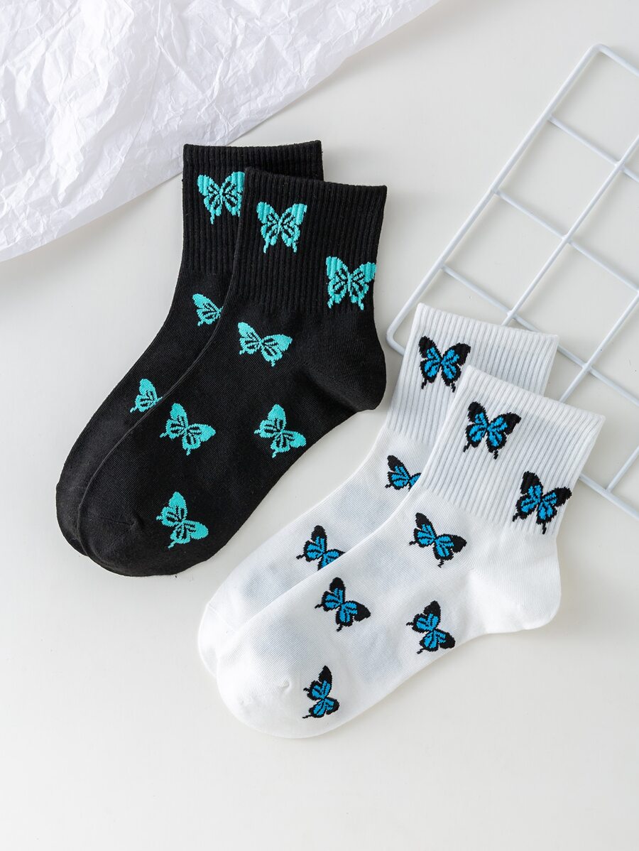 2 Pairs Women Interesting Personalized Cartoon Cute Multicolor Jacquard Butterfly Pattern Crew Socks, Sports Socks, Suitable For All Seasons, European & American Size, Comfortable Breathable Durable, Colorful, Ideal For Daily Wear, Premium Fabric, Non-Sweaty