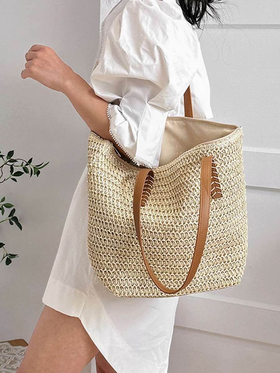 Minimalist Large Capacity Straw Bag,Perfect For Summer Beach Travel Vacation,Large Capacity Beach Bag,Perfect For Summer Beach Travel Vacation,Summer Essentials,Perfect For Vacation & Holiday,School Bag,Large Capacity,Portable,Classic Casual,For Teen Girls Women College Students,White-Collar Workers,Perfect For Work, Back To School,Middle School,High School,College,Vacation,Beach, Vacation Bag For Summer