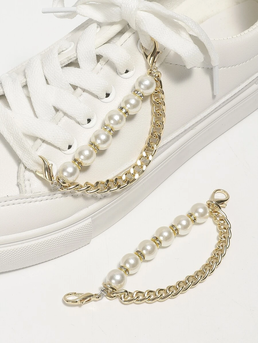 2pcs Faux Pearl & Chain Decor Shoe Decoration, Aluminum Alloy Fashionable Accessories For Sneakers
