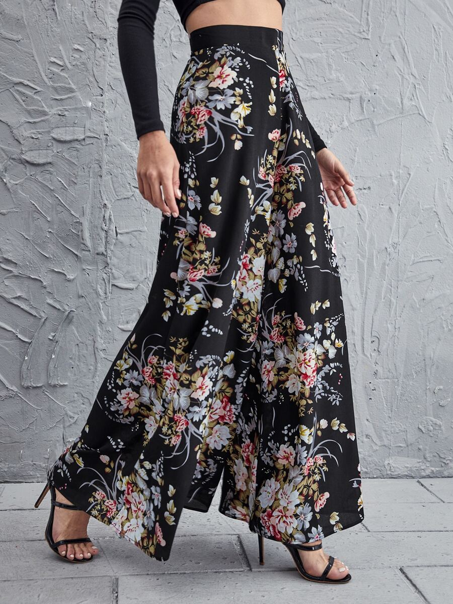 SHEIN Holidaya High Waist Floral Wide Leg Pants