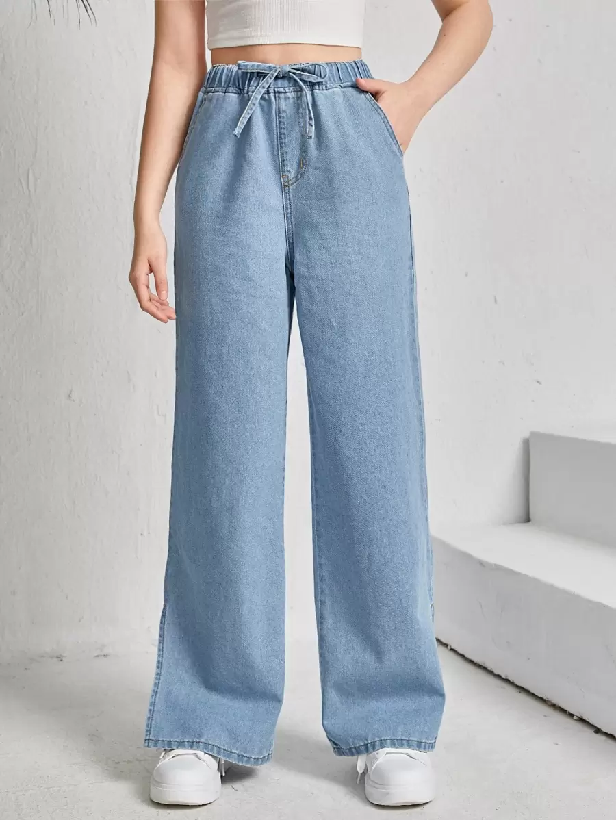 SHEIN Teen Girls Knot Elastic Waist Wide Leg Jeans