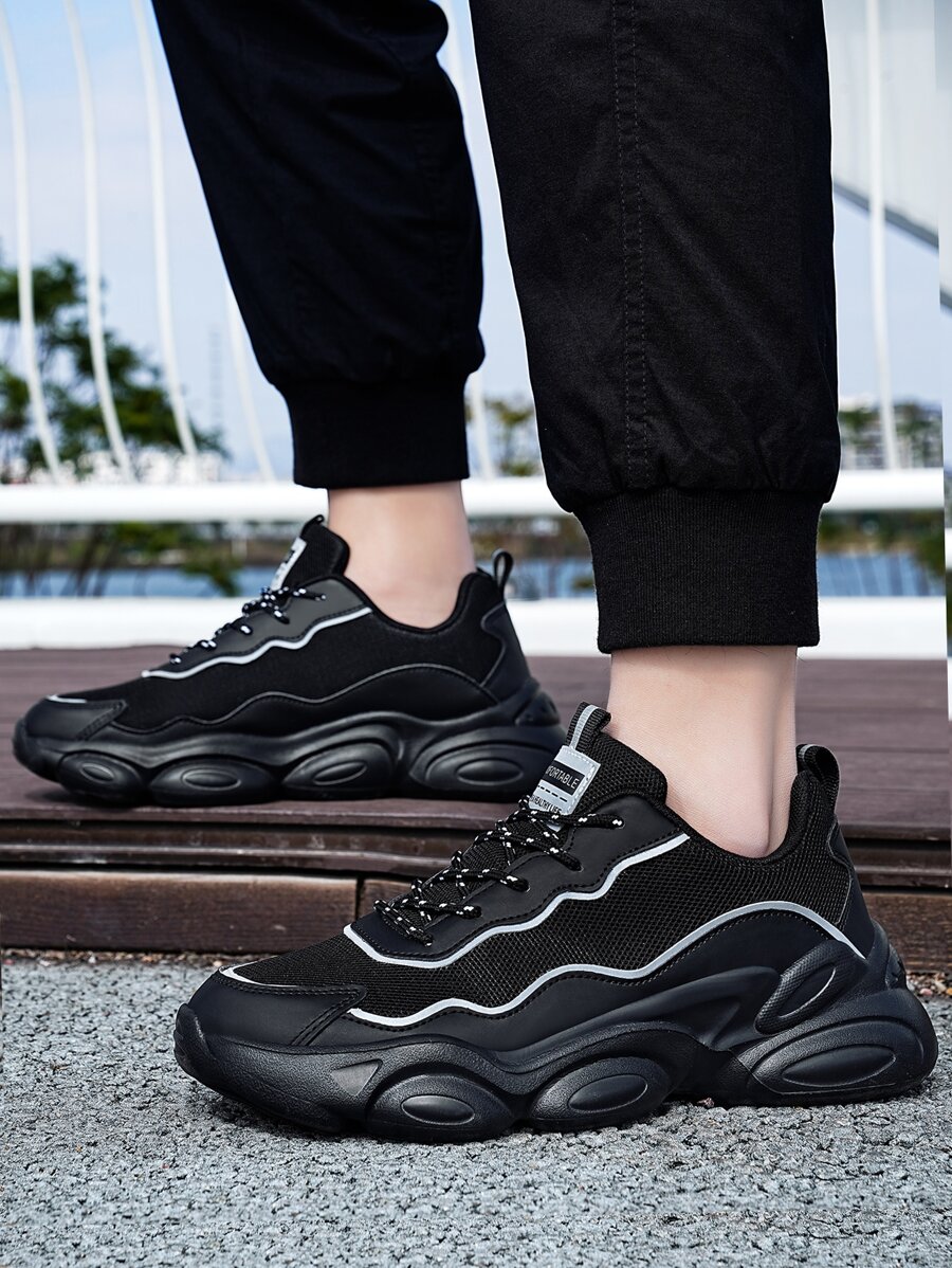 Men Letter Detail Chunky Sneakers, Fabric Lace-up Front Sneakers Black