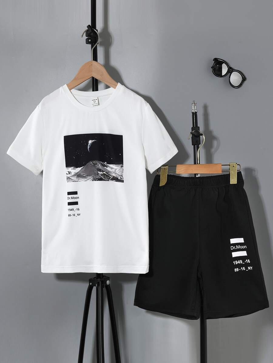 SHEIN Tween Boy Moon Y Letter Graphic Tee & Shorts